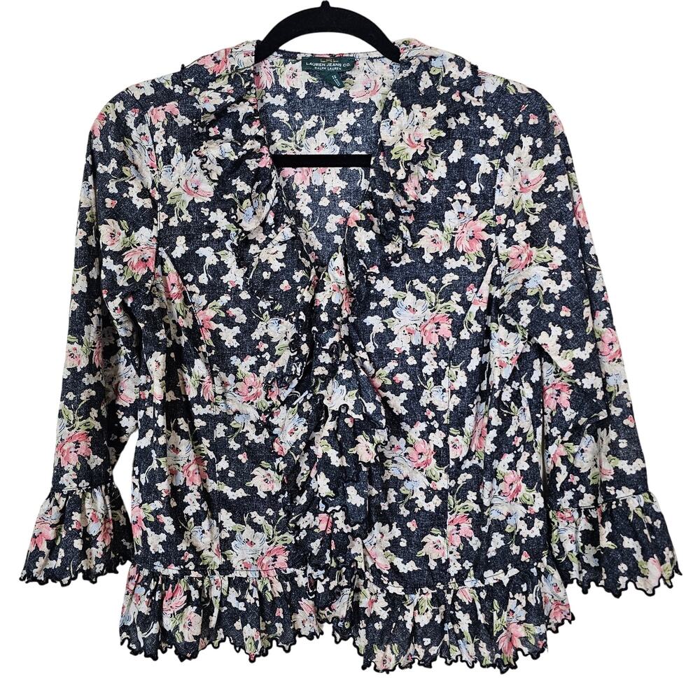 Lauren Ralph Lauren Floral Poet Blouse M Black Pink Ruffle Button Down EUC